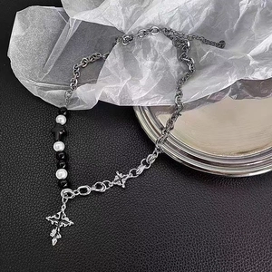 Gothic zircon cross necklace with silver cuban chain, black beads and white pearls