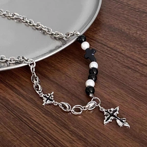 Gothische Kruis Ketting Legering Imitatieparel Zwarte Kralen Gemengde Ketting Asymmetrische Punk Hip Hop Sieraden