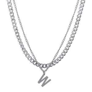 Double-layered silver titanium steel necklace with Cuban chain and W letter pendant