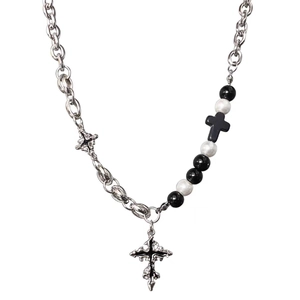 Gothic silver cross necklace with black enamel pendant and beaded Cuban link chain