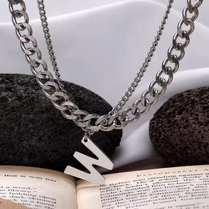 Double layered titanium steel necklace with cuban chain and bold letter W pendant