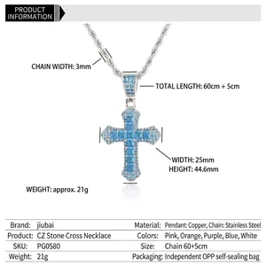 Hip hop style cross necklace with blue cubic zirconia stones and rope chain details