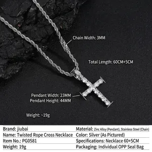 Pendentif croix hip hop argenté avec zircons sur un collier chaîne corde 3mm