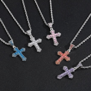 Hip Hop Titanium Steel Copper Cross Pendant Necklace For Men Women Colorful Rhinestone Iced Out Jewelry With Rope Chain