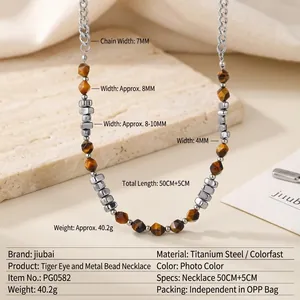 Tiger eye stone and silver titanium steel beaded necklace with adjustable chain length