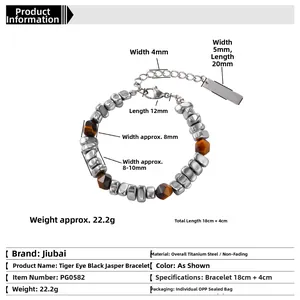 Close-up of tiger eye stone beads and titanium steel necklace with detailed measurements