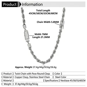 6mm Edelstahl-Kordelkette für Damen und Herren mit glitzerndem Zirkonia-Verschluss