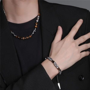 Tiger eye stone and hematite beaded titanium steel necklace for men with suit