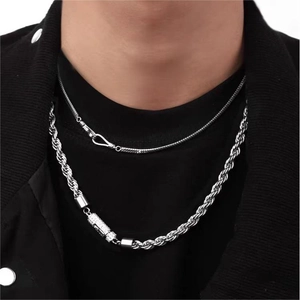 Men's double layered stainless steel necklace with rope chain and smooth silver metal charm