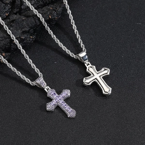 Hip hop silver cross pendant necklaces with purple cubic zirconia on a rope chain