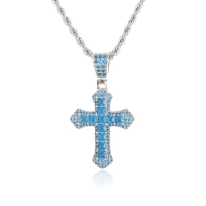 Hip hop silver rope chain necklace with a luxury cross pendant set with blue cubic zirconia