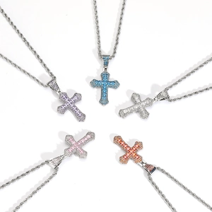 Hip hop iced out cross necklace with colorful zircon stones and silver rope chain