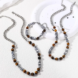 Tiger eye stone and silver beaded necklace set made of titanium steel for unisex hip-hop style