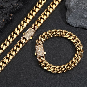 Hip Hop Herren Edelstahl Panzerkette Halskette Armband Set Gold Silber Beschichtet Strass Pflaster Verschluss Punk Schmuck