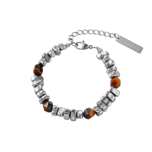 Tiger eye stone and silver bead titanium steel necklace with adjustable lobster clasp
