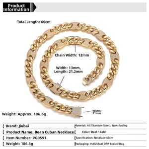 Gouden titanium stalen cubaanse schakelketting 12mm met gezette zirkoon pig-nose schakels