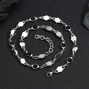 Tiger eye and pearl titanium steel necklace with diamond shaped metal pieces in silver finish