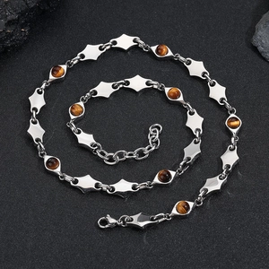 Titanium steel tiger eye necklace with geometric diamond plates and pearls for men and women