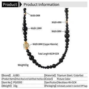 Collier hip hop perles noires et breloques cubes dorés en acier titane élégant