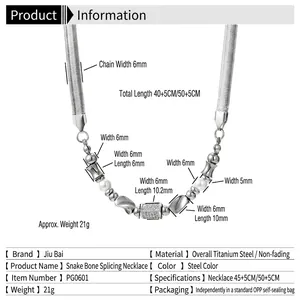 Titanium steel snake chain necklace with pearl and crystal beads on a white background