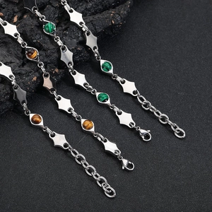 Polished titanium steel bracelets set with rhombus links, malachite and tiger eye stones