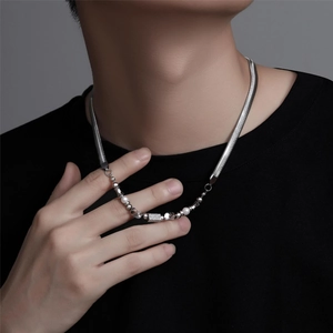 Unisex titanium steel snake chain necklace with faux pearls and sparkling CZ rectangle