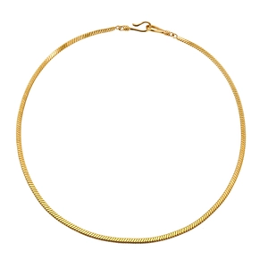 Detailed close-up of a high-polished golden flat snake bone chain with an S-hook clasp