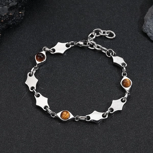 Stainless Steel Bracelet Necklace Geometric Rhombus Chain With Obsidian Tiger Eye Malachite Faux Artificial Pearl Beads For Men Women