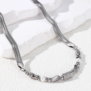 Trendy Unisex Spliced Herringbone Snake Bone Chain Necklace Titanium Steel Alloy Zirconia Imitation Artificial Pearl Minimalist Jewelry