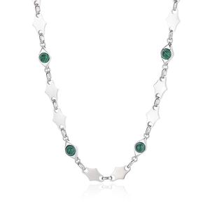 Detail view of silver geometric diamond links with green tiger eye stone spheres