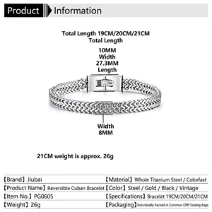 Bracelet gourmette classique pour hommes en acier titane argenté avec mesures détaillées