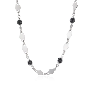 Silver titanium steel necklace with diamond-shaped accents and black tiger eye beads