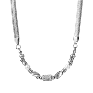 Silver titanium steel herringbone chain with pearls and rectangular pavé zircon pendant