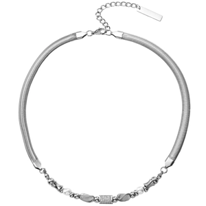 Detail of silver snake chain necklace with faux pearls and micro-pave crystal pendant