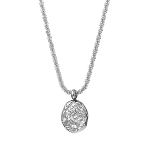 Silver geometric necklace featuring an irregular molten lava texture pendant on a thick chain