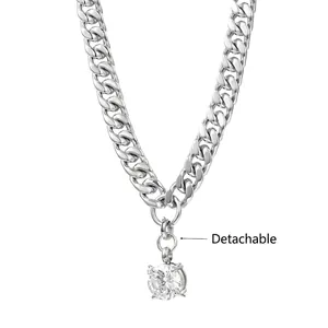 Collier Maille Gourmette en Acier Titane pour Hommes Avec Pendentif Amovible en Strass Rond Métal Poli Bijoux de Mode Unisexe
