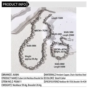 Minimalist stainless steel cuban chain necklace and bracelet set with zircon pendant