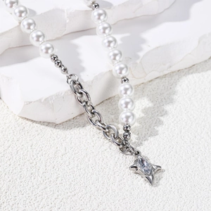 Collana Patchwork in Acciaio al Titanio e Künstliche Perle Con Pendente a Stella Zirconia Intarsiata Stile Hip Hop Punk Gioielli da Uomo Donna