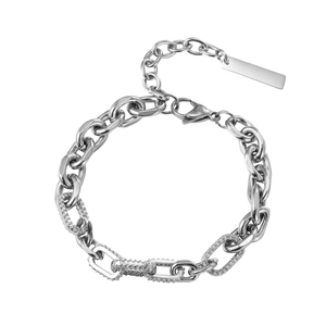 Detail of silver link chain necklace with zircon pavé accents and lobster clasp closure