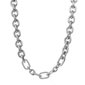Silver chunky chain necklace with geometric links and zircon pavé accents for women