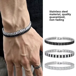 Bracelet Tennis en Acier Inoxydable pour Hommes Femmes Zircon Rectangle Hip Hop Chaîne à Maillons Géométriques Bijoux