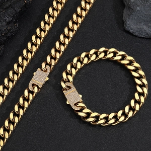 Bijoux Hip Hop Collier Bracelet Maille Gourmette Acier Titane Fermoir Strass Chaîne Plaquée Or Argent Streetwear Homme Femme
