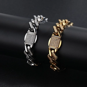 Collier Chaîne Cubaine Hip Hop en Acier Inoxydable Avec Strass pour Hommes Femmes Bijoux de Luxe Iced Out Chaîne Cubaine Or Argent