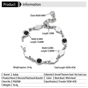 Titanium steel bracelet with diamond metal blocks and black beads, 18+4cm adjustable