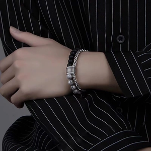 Bracelet double couche pour hommes en pierre œil de tigre et chaîne cubaine en titane