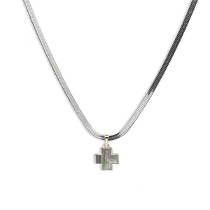Minimalist silver clover cross necklace with iridescent colorful shell inlay pendant