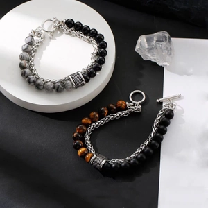 Bracelet Double Couche en Acier Titane Homme Pierre Oeil de Tigre Naturelle Pierre Map Chaîne Keel Bijoux Mode Hip Hop