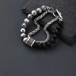 Bracelet double couche en titane et pierre œil de tigre avec chaîne argentée et fermoir OT