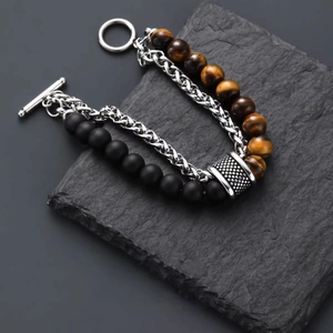 Bracelet double rang pour homme en œil de tigre et perles noires avec fermoir OT