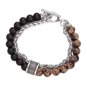 Bracelet multicouche en pierre œil de tigre et acier inoxydable avec fermoir à bascule